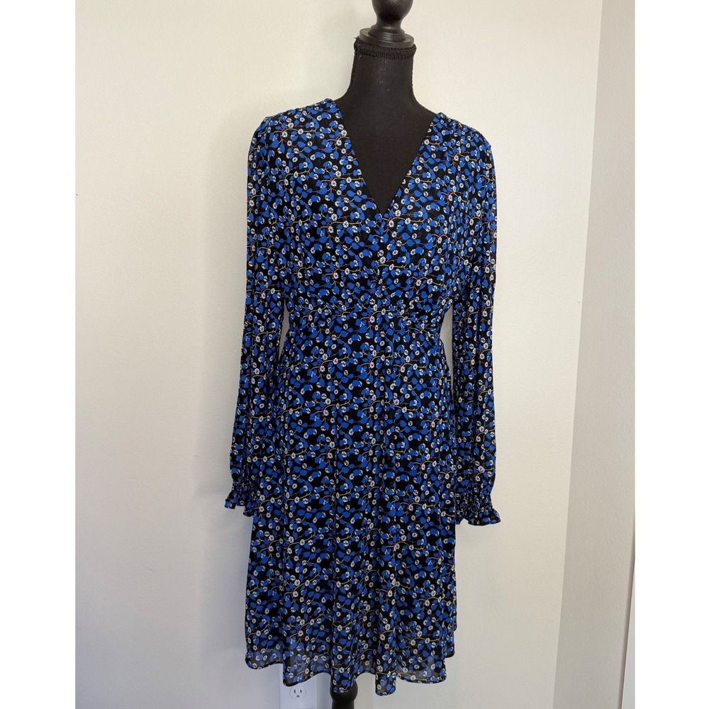 Cabi Women's Blue‎ Fling Mesh Floral V-Neck Long Sleeve Ruffle Cuff Dress M